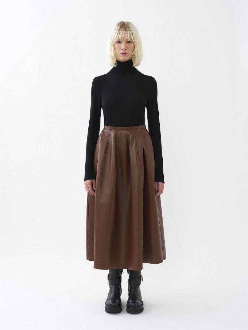 Chloe Gathered Mid-length Skirt Leather Kahvi | CHE-SR14116