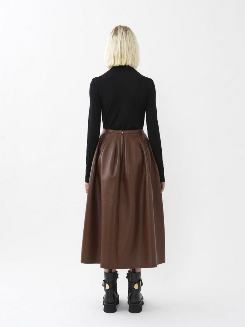 Chloe Gathered Mid-length Skirt Leather Kahvi | CHE-SR14116