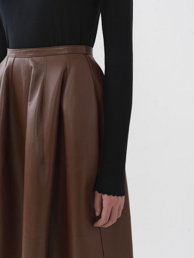 Chloe Gathered Mid-length Skirt Leather Kahvi | CHE-SR14116