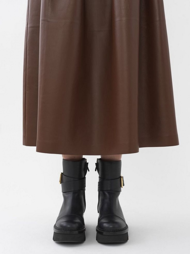 Chloe Gathered Mid-length Skirt Leather Kahvi | CHE-SR14116