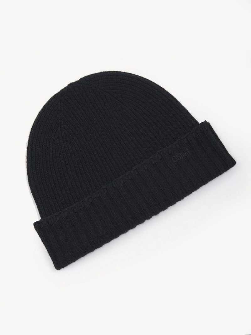 Chloe Ribbed Knit Beanie Hatut Mustat | CHE-SR14487